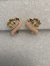 Vintage Avon Gold Tone Pink Enamel Breast Cancer Awareness Clip On Earrings - £9.47 GBP