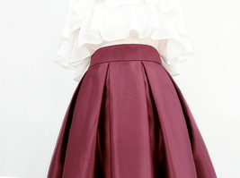 Burgundy Taffeta Pleated Midi Skirt Women Custom Plus Size A-line Party Skirt image 4