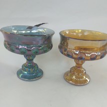 Vintage Thumbprint King&#39;s Crown Aqua/Blue GoldCarnival Glass Compote Candy Dish - £20.33 GBP