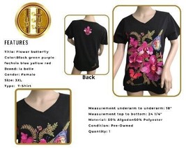 La Belle T-Shirt Flower Butterfly Black Top V Neck Short Sleeves 3XL Tee - £18.82 GBP