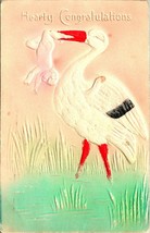 Hearty Congratulations Stork Delivering Baby Embossed Air Brushed Postcard 1910 - £3.22 GBP