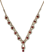 Delicate Red &amp; White Rhinestone Necklace Gold Tone Vintage Formal Elegance - £11.95 GBP