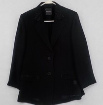 Woman Sense Black Dress Suit Jacket Sequined Lapel Long Sleeves Faux Pockets - £11.79 GBP