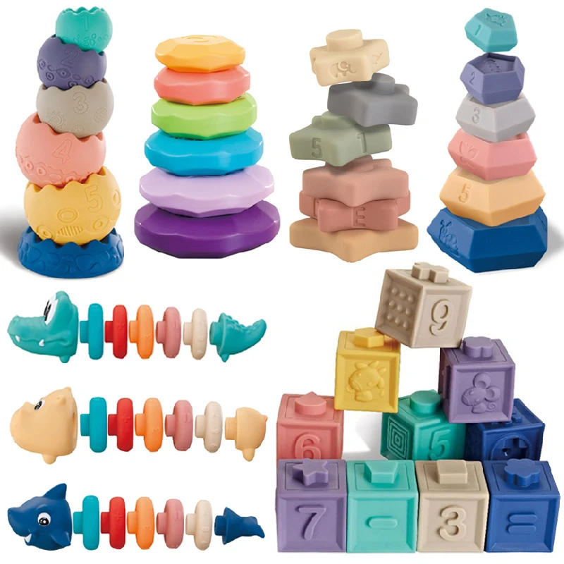 Baby Sensory Stacking Montessori Toys Soft Silicone Building Blocks Tactile - £14.74 GBP+