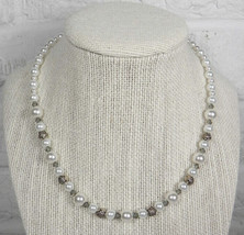 Girls Necklace Pink White Glass Pearls Swarovski Crystal Silver Rosette Handmade - £15.56 GBP
