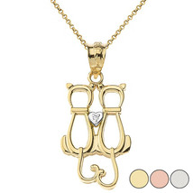 14K Solid Gold A Pair of Love Cats Heart Diamond Pendant Necklace - £134.17 GBP+