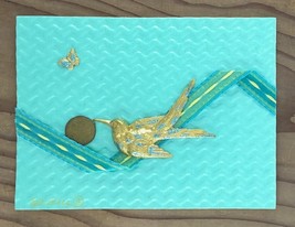 Golden Bird Birthday on Aqua Wave Greeting Card - £8.45 GBP