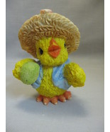 Figurine Resin Chicken Blue Vest Straw Hat With Pink Flowers Holding Egg - £7.17 GBP