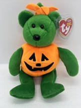 TY Beanie Baby TRICKY the Green Bear Wearing Pumpkin Costume 9” Halloween - £9.35 GBP