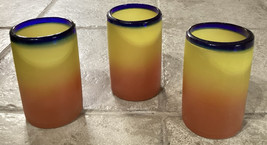 Vintage Set of 3 Mexican Hand Blown Tumbler Yellow/Orange Ombre Glass Ware - $17.35