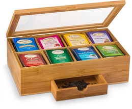Bambsi Bamboo Tea Box Organizer - Premium Wood Tea Chest with Slide-Out ... - $48.99
