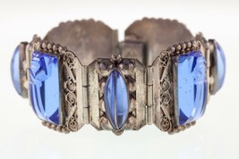 Vintage Mexico Icuala Sterling Silver Blue Glass Aztec Warrior Bracelet 7.50&quot; - £196.60 GBP