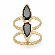 14K Yellow Gold Plated Double Pear Cut Black Onyx Fancy Ring 13.5 mm Wide Band - £107.16 GBP