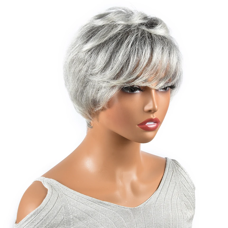 Gray Pixie Cut Human Hair Wigs Glueless Grey Full Machine Made Wigs With Ban - £27.31 GBP+