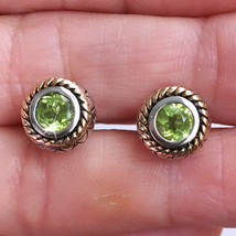 Two Tone Rope Halo Round Green Peridot Stud Earrings 14k White Gold over 925 SS - £38.08 GBP