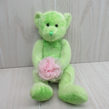Russ plush Rosalie small speckled green sitting teddy bear holds pink flower - £10.27 GBP