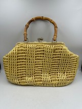 Vtg RAFFIA Straw Woven Handbag Wood Handles Japan Yellow Bamboo Handle Clasp 60s - £19.38 GBP