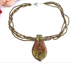 Art Glass Pendant Necklace Vintage 4 Four Strand Beaded Coppertone Brown Red - £19.91 GBP
