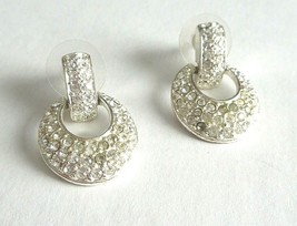 Rhinestone Drop Hoop Earrings Pierced Silver Tone Glitzy Sparkle Clear Stones - £6.41 GBP