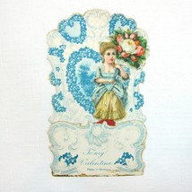 Vintage Valentine Pull Down Die Cut Honeycomb Victorian Girl w/ Flowers Germany - £19.97 GBP