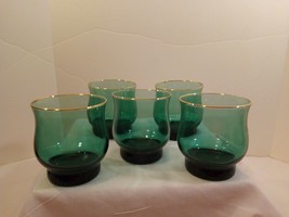 Set of 5 Vintage Libbey Mid Century Modern Green Tulip Tumblers with Gold Rim - £25.32 GBP