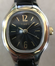 Vtg Timex Goldtone Black Swirl Stainless Steel Leather Band Womens Wrist Watch - £15.97 GBP