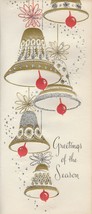 Vintage Christmas Card Gold Bells Silver Glitter Slim Mid-Century Design - £7.00 GBP