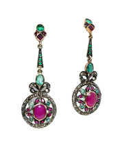 Victorian 1.44ct Rose Cut Diamond Emerald Ruby Women&#39;s Wedding Earrings - £403.40 GBP