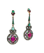 Victorian 1.44ct Rose Cut Diamond Emerald Ruby Women's Wedding Earrings - $515.97