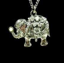 Rhinestone Elephant Pendant Vintage Necklace Silvertone Chain 18&quot; Pachyderm - £12.65 GBP
