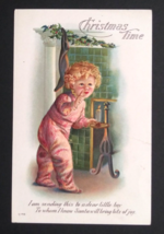Christmas Time Boy in Striped Pajamas Holding Candle Embossed Postcard c1910s - £7.85 GBP