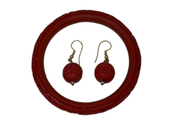 Carved Red Cinnabar Floral Flower Design Bangle Bracelet &amp; Dangle Earrin... - $545.52 MXN