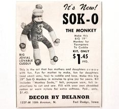 1957 Delanor Sok-O Monkey Plush Kit Advertisement Crafts Sewing Supply F7C - €17,28 EUR