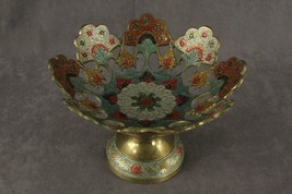 Vintage Brass Exchange Metalware Pierced Footed Compote Aqua Red Enamel ... - £24.76 GBP