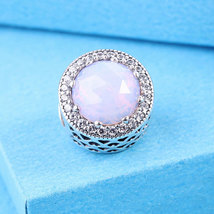 925 Sterling Silver Radiant Hearts &amp; Opalescent Pink Crystal Charm Bead - £12.67 GBP