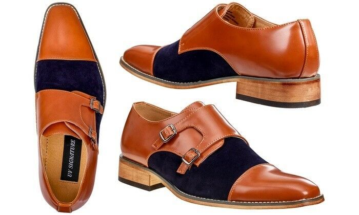 Men Brown Monk Double Buckle Strap Navy Blue Suede Genuine Leather Shoes US 7-16