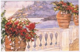 Postcard Art Flower Pots On Marble Balcony - £0.78 GBP
