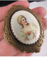 Antique 1800&#39;s Portrait Brooch cameo Porcelain &amp; brass Victorian Lady Pi... - £44.10 GBP