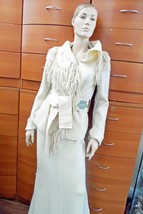 Virgin Wool Jacket Fringes Artsy Handmade In Europe Off White Wide Belt Us 8 M - £189.56 GBP