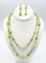 Vintage Gold Tone Green Glass and Jade Bead Necklace Earrings Set - $54.45