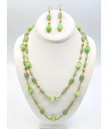 Vintage Gold Tone Green Glass and Jade Bead Necklace Earrings Set - $74.70 CAD