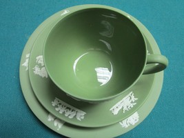 Vintage Wedgwood Green Jasperware Trio Cup, Saucer , Cake Plate [80d] - £90.22 GBP
