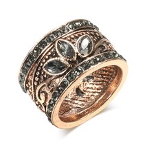Unique Big Vintage Ring Antique Gold Color Boho Gray Crystal Flower Rings For Wo - £6.54 GBP