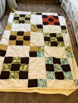 Vintage 70s Polyester Patchwork Quilt Hand Tied Quilt 60&quot;x82&quot; twin - £46.79 GBP