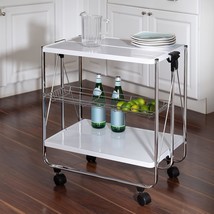 Modern Foldable Kitchen Cart With Wheels And Metal Basket, 09606 White/Chrome. - £73.38 GBP