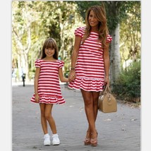 Striped mommy and me dress matching mom girl dress short red simple ruff... - £27.42 GBP