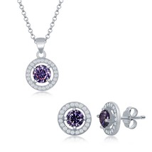 Sterling Silver Round Pendant and Earrings Set w/Chain - Purple CZ - $66.49