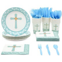 144 Piece Baby Boy Baptism Decorations, Plates, Napkins, Cutlery, Serves 24 - £30.91 GBP