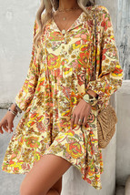 Yellow Cream Floral Print V Neck Puff Sleeve Mini Dress - $16.83