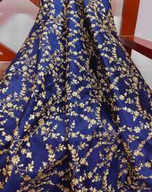 Blue &amp; Gold Embroidered, Dress Gown Drapery Bridal Wedding Fabric - NF701 - $12.49+